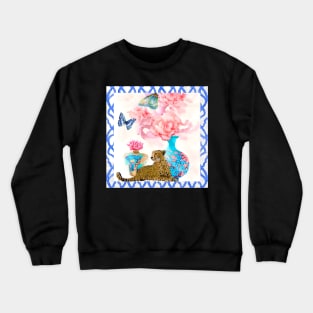 Leopard and chinoiserie jar with peonies Crewneck Sweatshirt